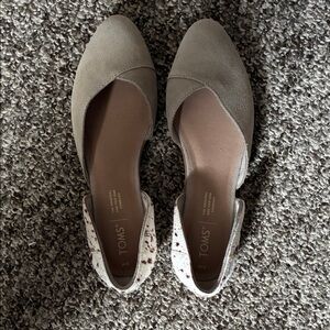TOMS Taupe Suede D'Orsay Flats with Speckled White Heel Accent